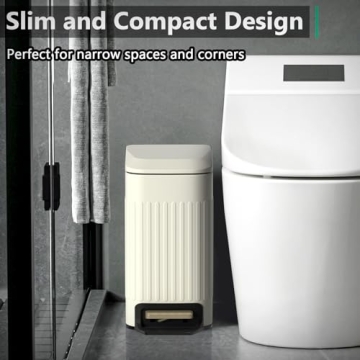 Small Bathroom Trash Can with Lid Soft Close-6L/1.6 Gal Slim Step Garbage Can-Metal Pedal Wastebasket-Narrow Rectangle Garbage Container Bin for Corner Office, Bedroom, Toilet, Live Room-Beige