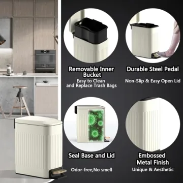 Small Bathroom Trash Can with Lid Soft Close-6L/1.6 Gal Slim Step Garbage Can-Metal Pedal Wastebasket-Narrow Rectangle Garbage Container Bin for Corner Office, Bedroom, Toilet, Live Room-Beige
