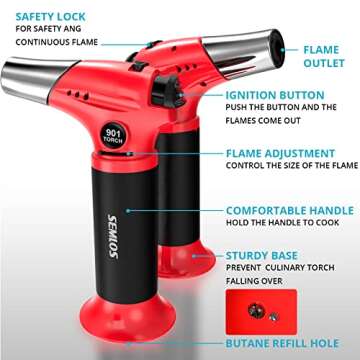 Semlos Butane Torch S-901, Refillable Kitchen Torch Lighter, One-handed Operation Blow Torch with Safety Lock and Adjustable Flame, Fit All Butane Tanks Culinary Torch for Creme Brûlée, BBQ