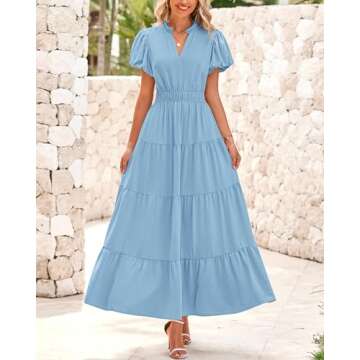 dowerme Women's Summer Dresses Casual Puff Sleeve V Neck