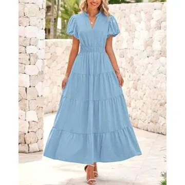 dowerme Women's Summer Dresses Casual Puff Sleeve V Neck