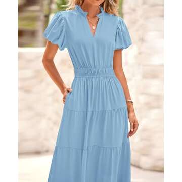 dowerme Women's Summer Dresses Casual Puff Sleeve V Neck