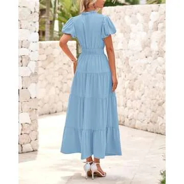 dowerme Women's Summer Dresses Casual Puff Sleeve V Neck