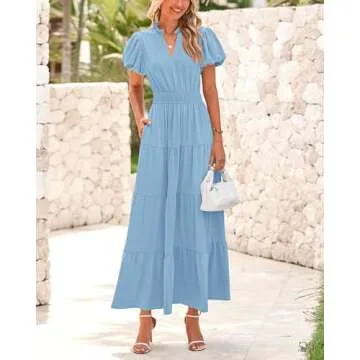 dowerme Women's Summer Dresses Casual Puff Sleeve V Neck