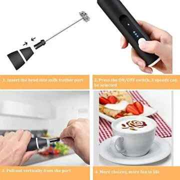 Milk Frother Handheld, Immersion Blender Cordlesss Foam Maker USB Rechargeable Small Mixer with 2 Stainless Whisks，Wisker for Stirring 3-Speed Adjustable Mini Frother for Cappuccino Latte Coffee Egg