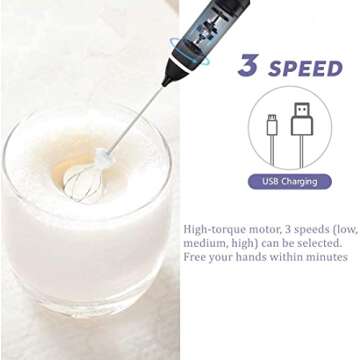 Milk Frother Handheld, Immersion Blender Cordlesss Foam Maker USB Rechargeable Small Mixer with 2 Stainless Whisks，Wisker for Stirring 3-Speed Adjustable Mini Frother for Cappuccino Latte Coffee Egg
