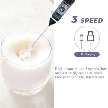 Milk Frother Handheld, Immersion Blender Cordlesss Foam Maker USB Rechargeable Small Mixer with 2 Stainless Whisks，Wisker for Stirring 3-Speed Adjustable Mini Frother for Cappuccino Latte Coffee Egg