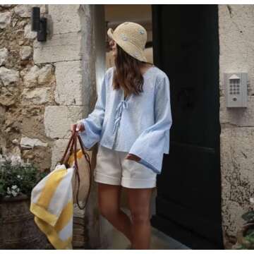 Stylish Tie Front Bow Linen Blouse for Summer Outings