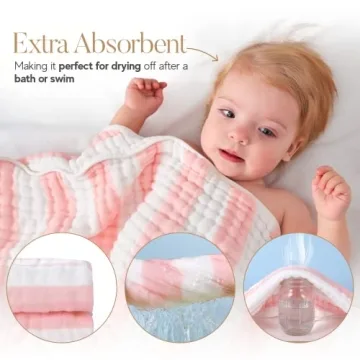 HardNok Muslin Hooded Baby Towel 4 Pack, Preuim Muslin 6 Layers Natural Cotton Baby Bath Towels, Soft and Comfortable for Boys,Girls (32x32,Pink Striped and White)