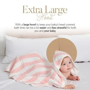 HardNok Muslin Hooded Baby Towel 4 Pack, Preuim Muslin 6 Layers Natural Cotton Baby Bath Towels, Soft and Comfortable for Boys,Girls (32x32,Pink Striped and White)
