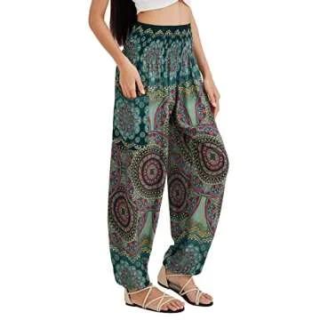 Joob Joob Boho Pants for Women - Hippie Harem Pants Women - Womens Yoga Pants – Comfy Bohemian Flowy Hippie Clothes - Green Large