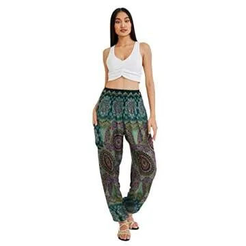 Joob Joob Boho Pants for Women - Hippie Harem Pants Women - Womens Yoga Pants – Comfy Bohemian Flowy Hippie Clothes - Green Large