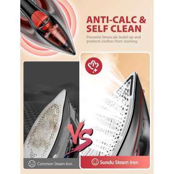 Sundu Steam Iron for Clothes with Rapid Heating Ceramic Coated Soleplate,1500W with Precise Thermostat Dial,Self-Cleaning, Auto-Off,11.84oz Water Tank for Home Clothes Ironing Use,Red