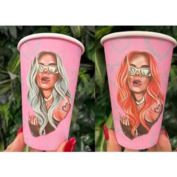 Bichota party cups decoration 10pc, Karol G inspiration party theme, reina del Regetton party, red hair blue hair double sided