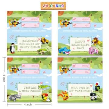 24 Packs Valentines Day Gifts for Kids School, Animal Building Blocks with Valentines Cards for Kids Classroom, Class Gifts Exchange, Party Favors for Kids Boys Girls Friendsine's Greeting Cards
