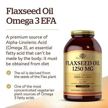 Solgar Flaxseed Oil 1250 mg, 250 Softgels - Organic, Cold-Pressed Omega 3 Essential Fatty Acids - Supports Heart, Immune & Skin Health - Non-GMO, Gluten Free, Dairy Free - 125 Servings