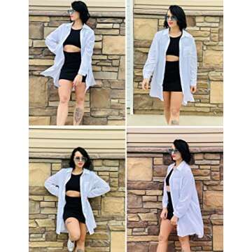 Ekouaer Women's Beach Bikini Cover Up Long Roll-up Sleeve Summer Button Down Coverup Shirt White