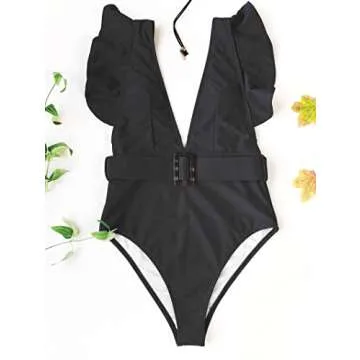 Avanova Women's One Piece Swimsuit Ruffle Deep V Neck Strappy Swimwear Bathing Suits Black Small