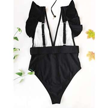 Avanova Women's One Piece Swimsuit Ruffle Deep V Neck Strappy Swimwear Bathing Suits Black Small