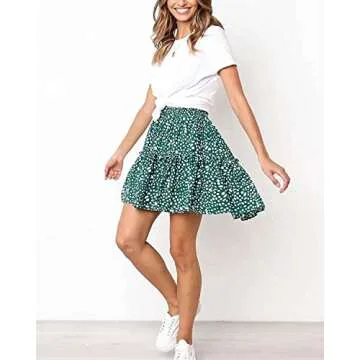 Alelly Women's Summer Cute High Waist Ruffle Skirt Floral Print Swing Beach Mini Skirt