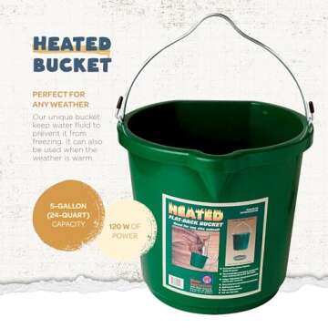 Farm Innovators 24 Quart Plastic Flat Back Heated Bucket with Metal Handle, Built In Thermostat, and Hidden Cord Compartment, 120 Watt