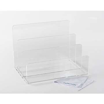 Unum Crystal Clear Acrylic Desktop File Sorter Holder - Lucite Mail, Paper, Folder, Letter Organizer – Makeup Palette Organizer - Thick Cast Acrylic 9" x 6.75" x 6.5"
