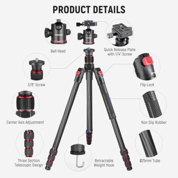 Lightweight NEEWER Carbon Fiber Tripod for DSLR & Smartphone