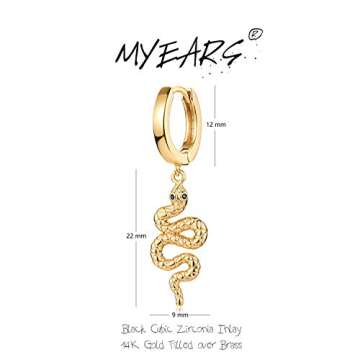 MYEARS Women Snake Earrings Gold Huggie Hoop Serpent Dangle Drop Black Cubic Zirconia 14K Gold Plated Small Simple Hypoallergenic Everyday Jewelry
