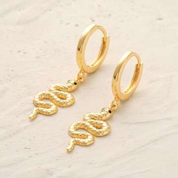 MYEARS Women Snake Earrings Gold Huggie Hoop Serpent Dangle Drop Black Cubic Zirconia 14K Gold Plated Small Simple Hypoallergenic Everyday Jewelry