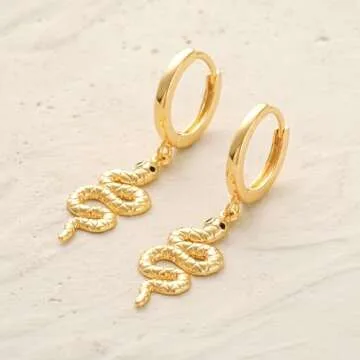 MYEARS Women Snake Earrings Gold Huggie Hoop Serpent Dangle Drop Black Cubic Zirconia 14K Gold Plated Small Simple Hypoallergenic Everyday Jewelry