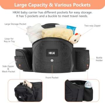 HKAI Baby Carrier Hip Seat, Mom’s Choice Award Winner, Advanced Large Capacity Pocket with Adjustable Waistband, Shock Absorption Hip Seat Surface for Newborns & Toddlers, (Black)
