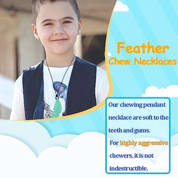 Sensory Chew Necklace for Kids, Boys and Girls, 5 Pack Silicone Feather Chewy Necklaces for Autism, ADHD, Chewing, Oral Motor Chewable Pendant for Mild Chewers