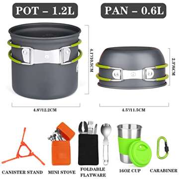 Bisgear Camping Cookware Portable Backpacking Stove Canister Stand Tripod Stainless Steel Cup Flatwa...