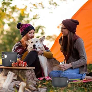 Bisgear Camping Cookware Portable Backpacking Stove Canister Stand Tripod Stainless Steel Cup Flatware Mess Kit - Camping Pot and Pans Cooking Set - Camping Gear Must Haves