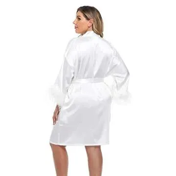MissNina Satin Bridesmaid Robes with Feather Trim