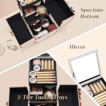 Costravio Makeup Box Train Case with Mirror Travel Organizer Cosmetic Jewelry Storage Box with 2-Tier Tackle Trays Light-weight Portable Lockable Makeup Organizer Box - Flower Pattern Design