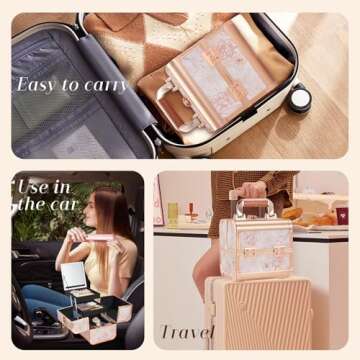 Costravio Makeup Box Train Case with Mirror Travel Organizer Cosmetic Jewelry Storage Box with 2-Tier Tackle Trays Light-weight Portable Lockable Makeup Organizer Box - Flower Pattern Design