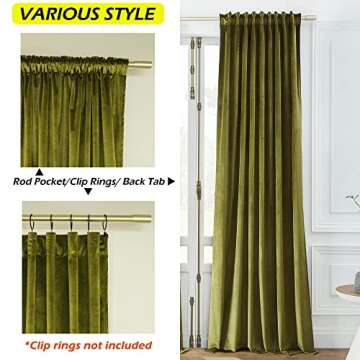 Timeper Olive Green Pleat Back Tab Velvet Curtains W62 x L96 inches 2 Panels, Room Darkening Solid H...