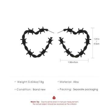 Gothic Barbed Wire Love Heart Drop Dangle Earrings Chunky Big Flower Hoop Metal Thorns for Women Got...