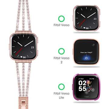 KADES Compatible for Fitbit Versa 2 Bands for Women, Dressy Metal Bracelet Bling Rhinestone Jewelry ...