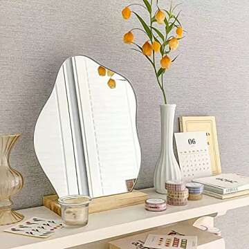 Room Decor Aesthetic Irregular Mirror, Aesthetic Room Decor Acrylic Vanity Mirror, Frameless Makeup Mirror Desk Mirror, Cloud-Shaped Table Mirror with Detachable Wooden Stand for Living Room Bedroom