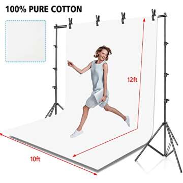HYJ-INC Photo Background Support System with 10 x 10ft Backdrop Stand Kit, 10 x 12ft 100% White Cott...