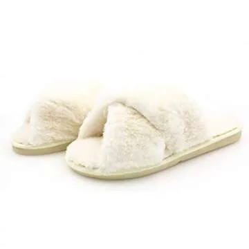 Womens Fuzzy Slippers Sandals Leopard Plush Open Toe Faux Fur Fluffy House Flats Slippers Cross Band Soft Warm Comfy Cozy Bedroom Slide Slippers (US 6-7, Beige)