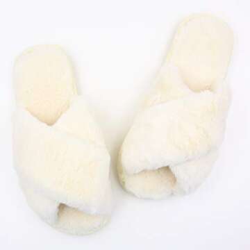 Womens Fuzzy Slippers Sandals Leopard Plush Open Toe Faux Fur Fluffy House Flats Slippers Cross Band Soft Warm Comfy Cozy Bedroom Slide Slippers (US 6-7, Beige)