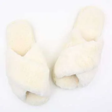 Womens Fuzzy Slippers Sandals Leopard Plush Open Toe Faux Fur Fluffy House Flats Slippers Cross Band Soft Warm Comfy Cozy Bedroom Slide Slippers (US 6-7, Beige)