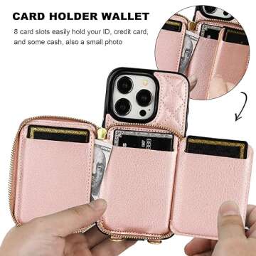 Bocasal Crossbody Wallet Case for iPhone 15 Pro, RFID Blocking PU Leather Zipper Handbag Purse Flip Cover, Kickstand Folio Case with Card Slots Holder Wrist Strap Lanyard 5G 6.1 Inch (Rose Gold)