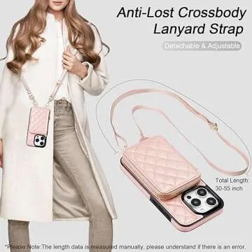 Bocasal Crossbody Wallet Case for iPhone 15 Pro, RFID Blocking PU Leather Zipper Handbag Purse Flip Cover, Kickstand Folio Case with Card Slots Holder Wrist Strap Lanyard 5G 6.1 Inch (Rose Gold)