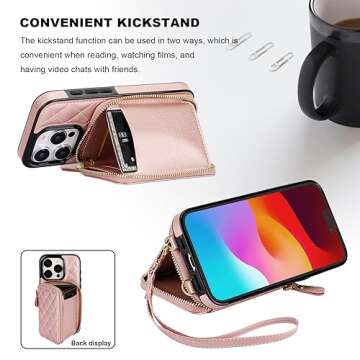 Bocasal Crossbody Wallet Case for iPhone 15 Pro, RFID Blocking PU Leather Zipper Handbag Purse Flip Cover, Kickstand Folio Case with Card Slots Holder Wrist Strap Lanyard 5G 6.1 Inch (Rose Gold)