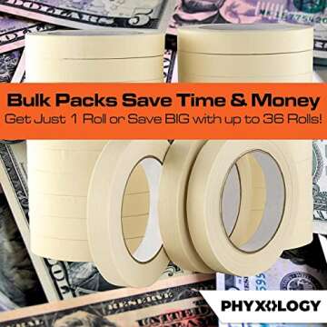 No-Residue 1 Inch, 60 Yard Masking Tape 2 Pk. Easy-Tear, Pro-Grade Removable Painters Tape Great for Home, Office, or Commercial Contractor Use. Clean, Drip-Free Painting with Wide Crepe Paper Rolls.