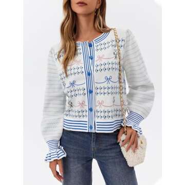 Chic Saodimallsu Womens Cropped Cardigan with Puff Sleeves